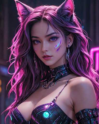 The image depicts a woman with long, dark hair wearing a purple dress and a choker necklace. She is positioned against a backdrop of neon lights and a building, suggesting an urban setting or perhaps a futuristic environment. The woman's gaze is directed straight at the camera, creating a sense of connection between her and the viewer.