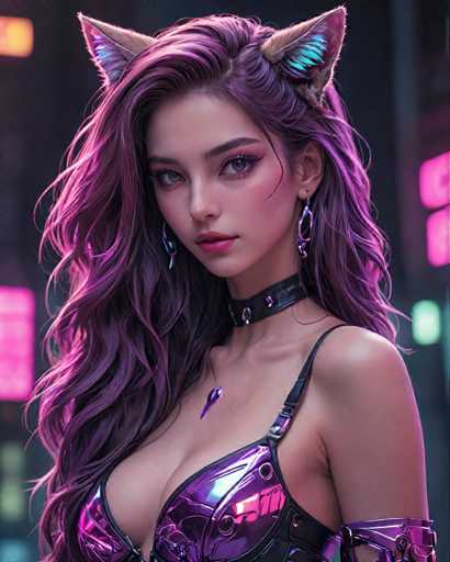 The image shows a close-up portrait of a woman with long, dark hair and purple eyes. She is wearing a black halter top that has a metallic sheen, giving it an edgy and futuristic look. The background features neon lights in shades of pink and blue, creating a vibrant and dynamic atmosphere.