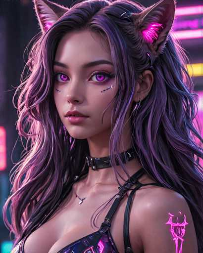 The image shows a close-up portrait of a woman with long, dark hair and purple eyes. She is wearing a black leather bra strap and has a tattoo on her left arm that reads "X". The background features neon pink lights and a cityscape, suggesting an urban setting or nightlife environment.