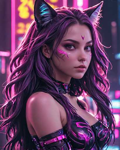 The image shows a close-up portrait of a woman with long hair and purple hair styled in an updo. She is wearing a black outfit that includes a corset and a top hat. The background features neon lights and a cityscape, suggesting the setting could be a night scene or a location with bright lighting.