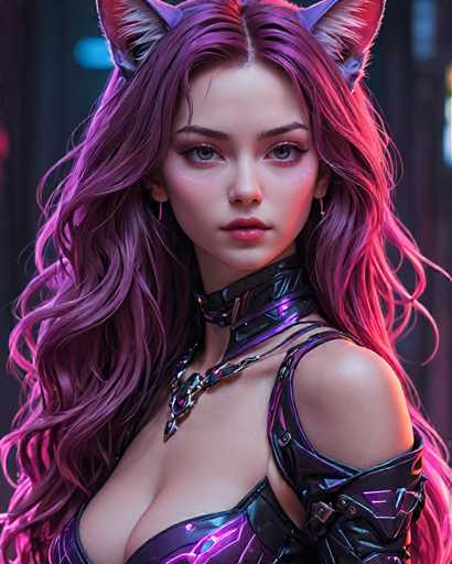 The image shows a close-up portrait of a woman with long, dark hair styled in an updo and wearing a purple choker necklace. The background is blurred, suggesting the focus is on the woman's face and upper body.
