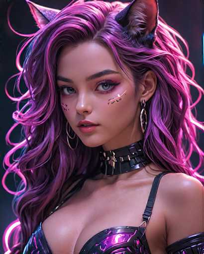 The image shows a close-up portrait of a woman with long, purple hair and large earrings. She is wearing a black bra strap and has a black choker around her neck. The background is dark and out of focus, drawing attention to the woman's face and upper body.
