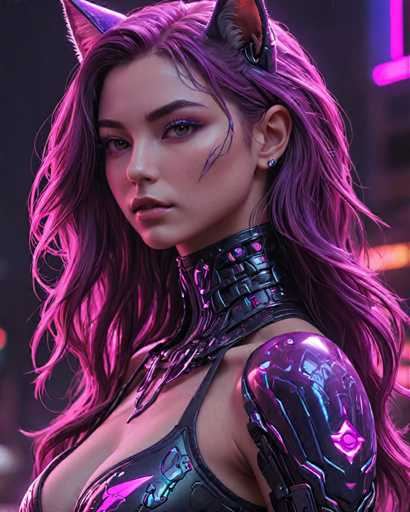 The image shows a close-up portrait of a woman with long, purple hair and a black collar around her neck. She is wearing a futuristic outfit that includes a metallic bodysuit and a helmet with a large headlight on top. The background features neon lights and a cityscape, suggesting an urban setting or perhaps a futuristic environment.