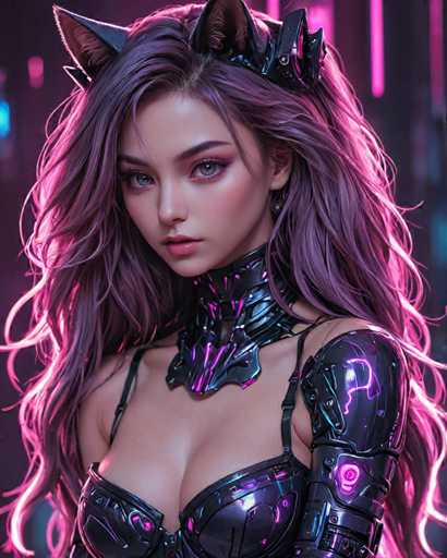 The image depicts a woman with long purple hair wearing a black bodysuit and a crown on her head. She is positioned against a backdrop of pink neon lights that create an ethereal glow around her. The woman's gaze is directed off to the side, adding an air of mystery to the scene.