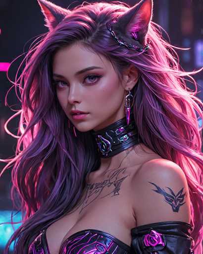 The image shows a close-up portrait of a woman with long, dark hair and purple hair styled in an updo. She is wearing a black leather outfit that includes a corset and a headpiece adorned with cat ears. The background features neon lights and a cityscape, suggesting the setting could be a night club or a themed event.