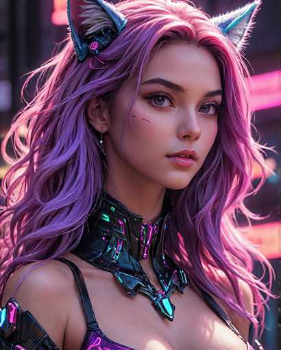 The image shows a close-up portrait of a woman with long, vibrant purple hair styled in an intricate updo. She is wearing a black choker necklace and earrings that add to her unique appearance. The background features neon lights, suggesting the photo was taken in a modern or futuristic setting.