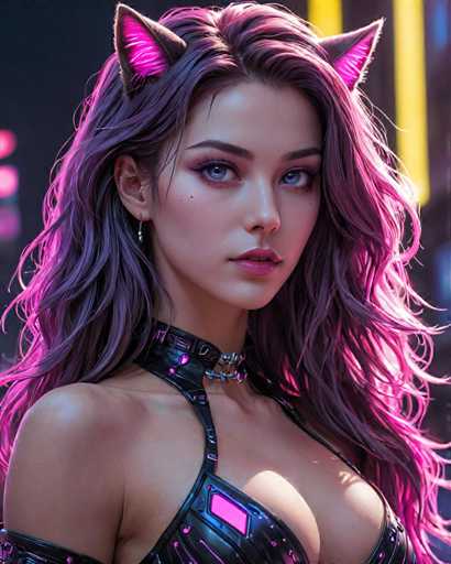 The image shows a close-up portrait of a woman with long, purple hair styled in an updo and wearing a black top hat adorned with pink cat ears. The background is dark and out of focus, drawing attention to the woman's face and attire.