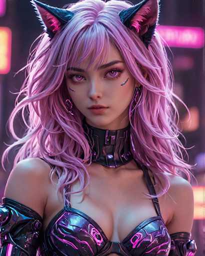 The image shows a close-up portrait of a woman with long, vibrant pink hair styled in an updo and wearing a black leather bra. The background is dark and blurred, suggesting the focus is on the woman's face and upper body.