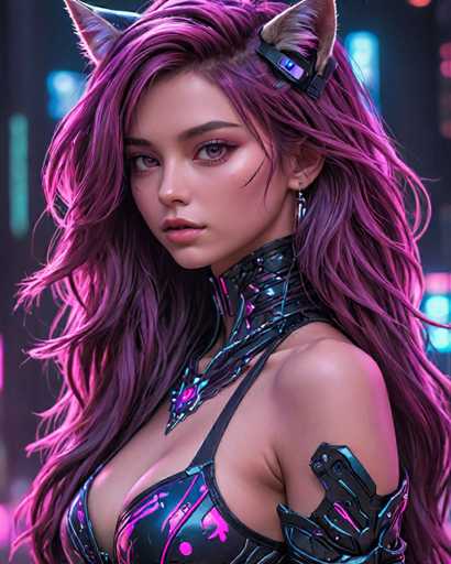 The image shows a close-up portrait of a woman with long, dark hair styled in an updo and wearing a black top hat. The background is a dark purple color, which contrasts with the woman's hair and adds depth to the scene. There are no texts or other objects present in the image.