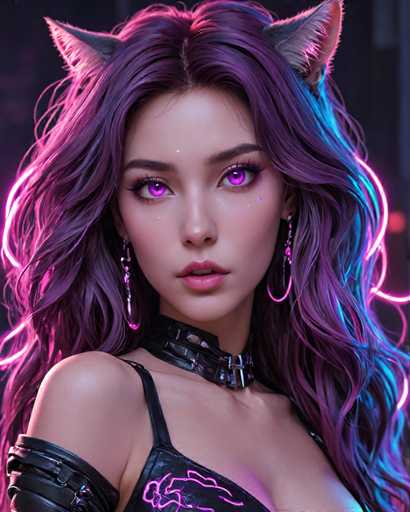 The image shows a close-up portrait of a woman with long purple hair and large, striking blue eyes. She is wearing a black leather bra and has a necklace around her neck. The background features neon lights in shades of pink and purple, creating an ethereal glow that illuminates the scene.