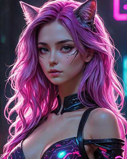 The image shows a close-up portrait of a woman with long, vibrant purple hair styled in an updo and wearing a black leather outfit that includes a corset and a headdress. The background is dark and features neon pink lights, creating a futuristic and edgy atmosphere.