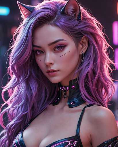 The image shows a close-up portrait of a woman with long, purple hair styled in an updo and wearing a black choker necklace. The background is dark and features neon lights that create a futuristic atmosphere.