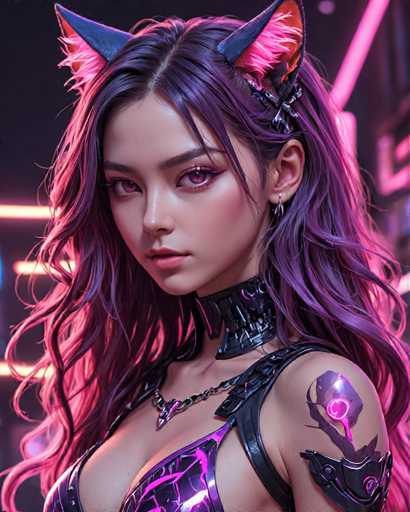 The image shows a close-up portrait of a woman with long, dark hair styled in an intricate updo and wearing a black outfit adorned with silver accents. The background is a stark contrast to the woman's attire, featuring neon pink lights that add a futuristic touch to the scene.