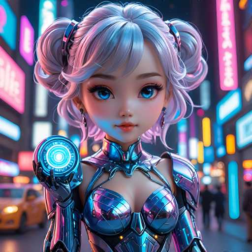 A 3D rendering of a woman with blue eyes and blonde hair wearing a futuristic silver armor suit holding a glowing orb.