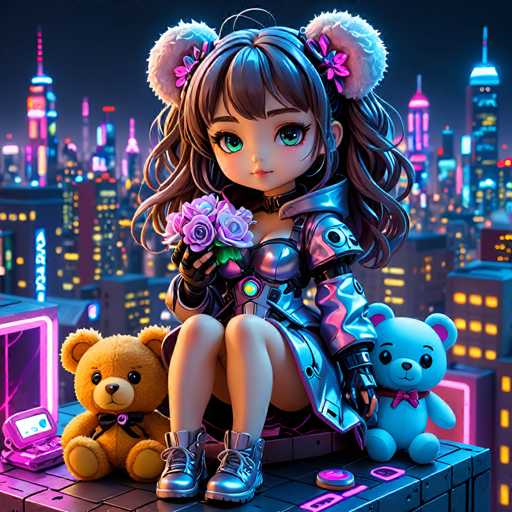 A young girl with long brown hair and green eyes is sitting on a rooftop, holding a bouquet of pink and purple flowers. She is wearing a silver outfit that includes a helmet and boots. Next to her are two stuffed animals - one teddy bear and one bunny. The backdrop features a city skyline at night, with buildings illuminated by neon lights.