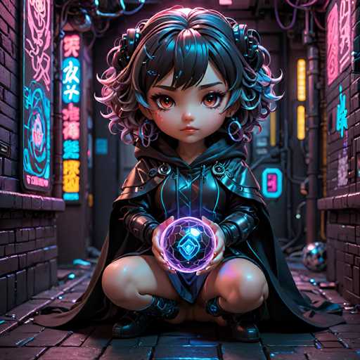 A young girl with dark hair and a black hoodie is depicted holding a blue crystal ball in her lap while sitting on the ground in front of a brick wall adorned with neon signs.