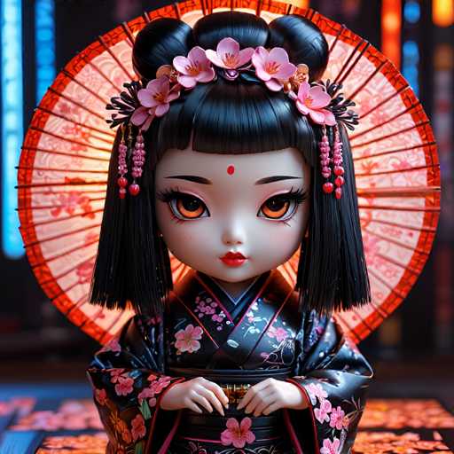 A doll with black hair and a pink flower on her head is the main subject of this image. She is wearing a traditional Japanese kimono that has a floral pattern. The doll's face features red lips and eyes, giving it a striking appearance. The background is dark and blurred, drawing attention to the doll as the focal point of the image.