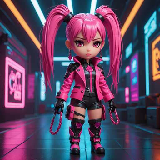 The image shows a 3D rendering of a doll with pink hair styled into pigtails and wearing a black leather jacket over a pink shirt. The doll is holding a chain in her right hand and has a serious expression on her face.