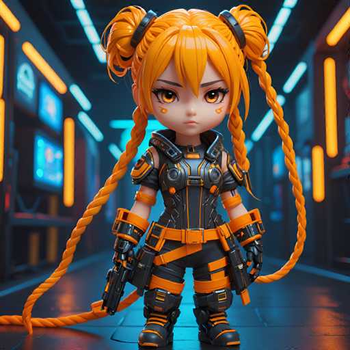 The image shows a 3D rendering of an orange-haired girl with blonde hair styled into pigtails and wearing a black outfit that includes a helmet and gloves. The girl is standing on a gray floor in front of a blue wall, which appears to be part of a futuristic setting.