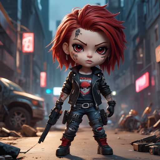 The image shows a character with red hair and tattoos standing on a city street surrounded by rubble and debris. The character is wearing a black leather jacket, blue jeans, and boots, and has a gun in their hand.