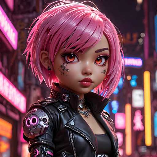 The image shows a close-up portrait of a young woman with pink hair styled into a bob and wearing a black leather jacket. The background is a cityscape at night, illuminated by neon lights that create a vibrant and dynamic atmosphere.
