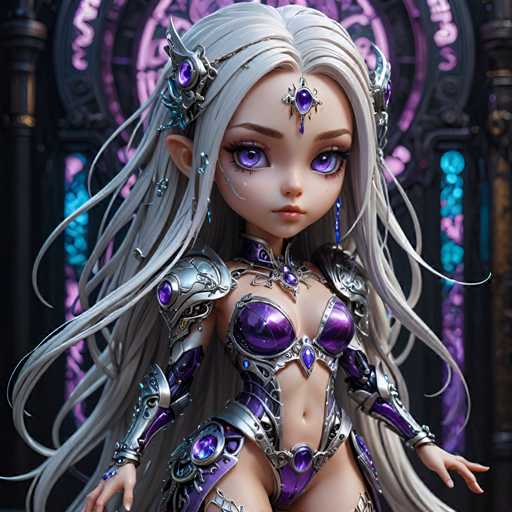 A 3D rendering of a female character with long blonde hair and blue eyes wearing a purple outfit with silver armor and a crown on her head. The character is standing against a dark background that includes a window and a door.