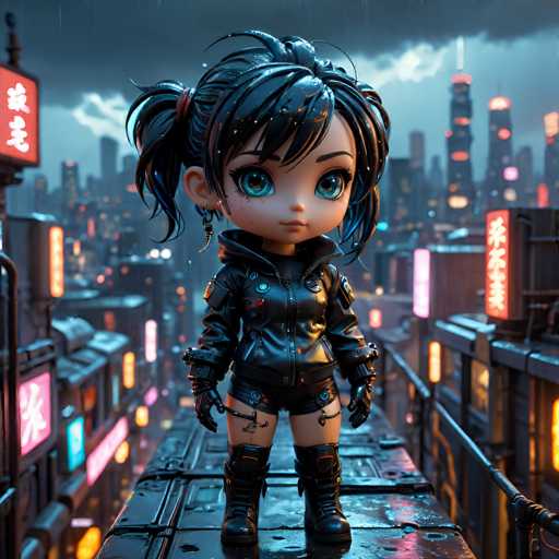 The image depicts a small figurine of a girl standing on a rooftop in an urban setting. The girl is wearing a black leather jacket and boots, giving her a stylish appearance. She has long hair styled into two pigtails that match the color of her outfit. The backdrop features buildings with neon signs, creating a vibrant cityscape.