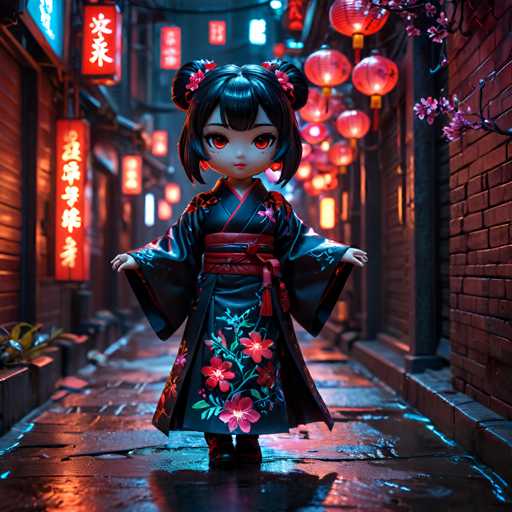 A doll is standing on a street at night with red lanterns hanging above her head and pink flowers adorning her dress. The doll has dark hair styled into buns and is wearing a traditional Japanese kimono with intricate floral designs.
