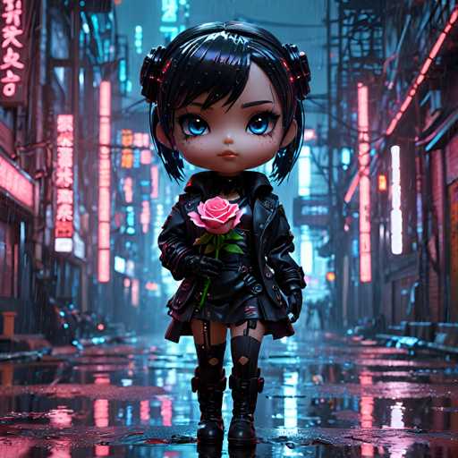 A young girl with black hair and a black dress stands on a wet street at night, holding a pink rose. The girl is wearing black boots and has a black helmet on her head.