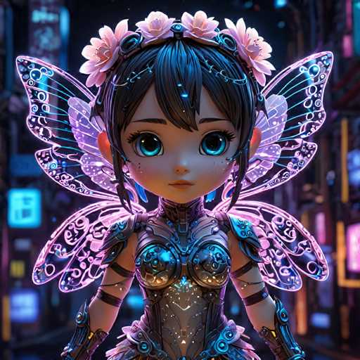 A 3D rendering of a young girl with blue eyes and brown hair wearing a silver armor suit adorned with wings and a crown made of flowers. The background is a cityscape at night, illuminated by neon lights that cast an ethereal glow on the scene.