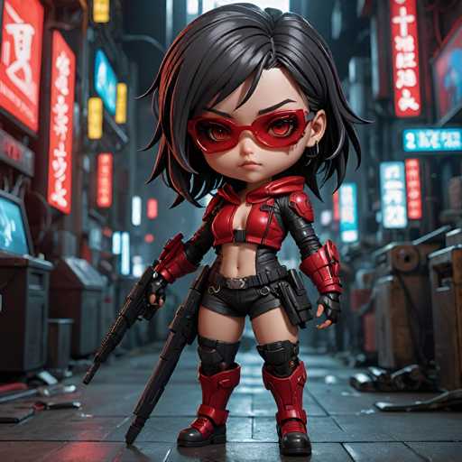 The image shows a 3D rendering of a character from the anime "Redemption". The character is wearing a red outfit and has a gun in her hand. She also has sunglasses on her face. The background features neon signs and buildings typical of an urban setting.