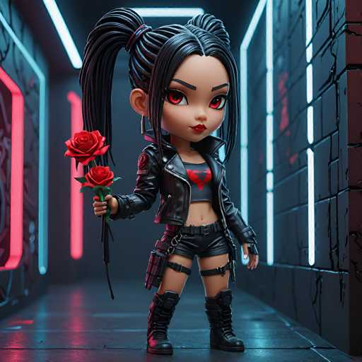The image shows a 3D rendering of a character with long black hair and red eyes wearing a black leather jacket and boots. The character is holding two roses in their left hand and has a gun on their hip. The background features a dark blue wall with a white stripe running down the center, and there are neon lights visible behind the character.