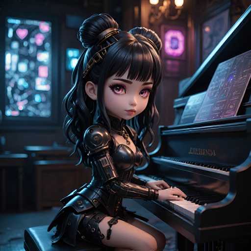 A 3D rendering of a young girl with long dark hair and bangs is seated at a black piano, dressed in a black outfit that includes a corset and boots. The girl's face is lit up with a serious expression as she plays the keys of the piano.