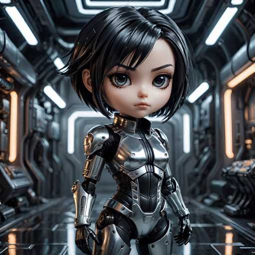 A 3D rendering of a young girl with short black hair and dark eyes wearing a silver suit with a black helmet and gloves standing in the center of a futuristic room filled with various machines and equipment.