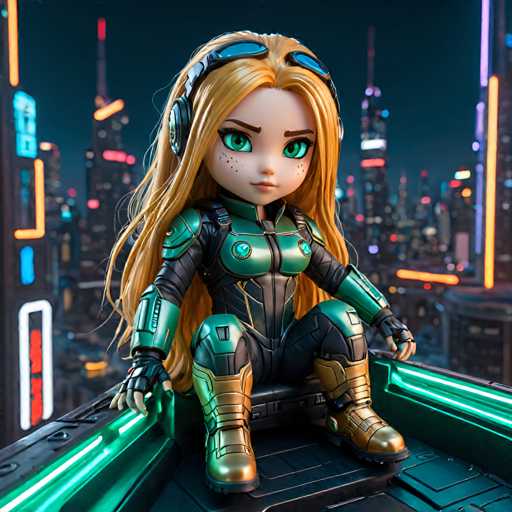 A 3D rendering of a blonde girl with green eyes and sunglasses is seated on a futuristic train platform at night, wearing a green suit and helmet that has a skull design. The city skyline in the background features tall buildings illuminated by neon lights against a dark sky.
