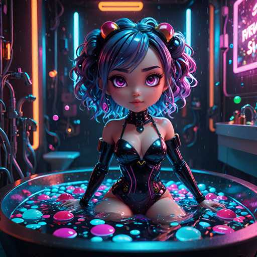 A 3D rendering of a girl with blue hair and black clothing is seated in a bathtub filled with multicolored balls. The background features neon lights and pipes, creating an industrial or futuristic setting.