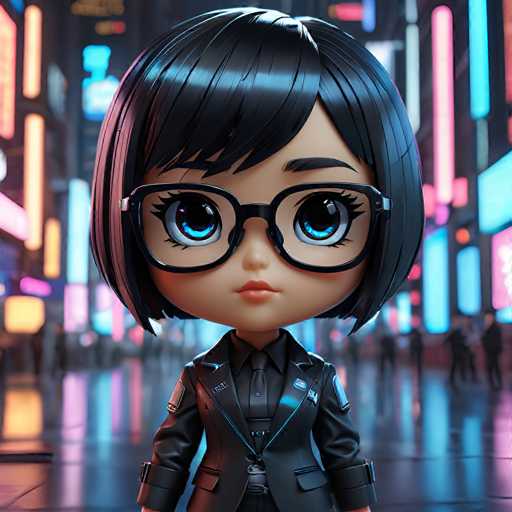 The image shows a 3D rendering of a young girl with black hair and glasses standing on a city street at night. She is wearing a black suit jacket over her dress shirt and has a blue scarf around her neck. The background features neon lights from various buildings lining the street, creating an urban atmosphere.