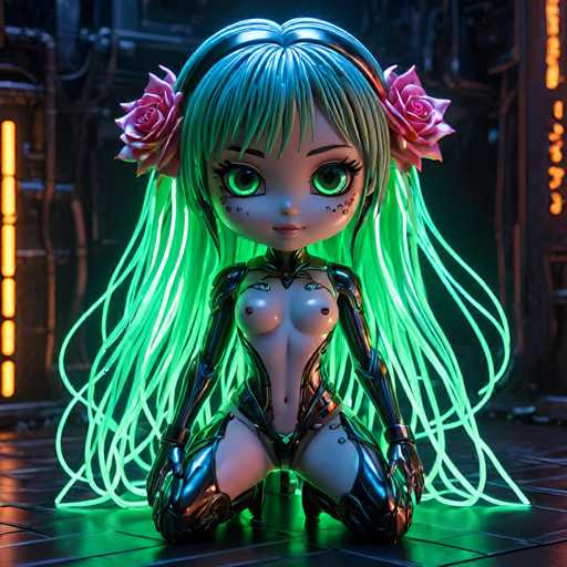 A 3D rendering of a female character with long hair and green skin, wearing black boots and holding a pink rose in her left hand. The character is seated on the ground, facing forward with a serious expression.