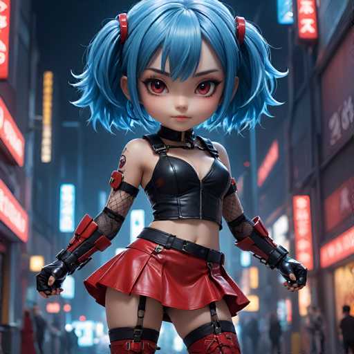 A 3D rendering of a blue-haired girl with red eyes standing on a city street at night, wearing a black leather outfit and red boots.