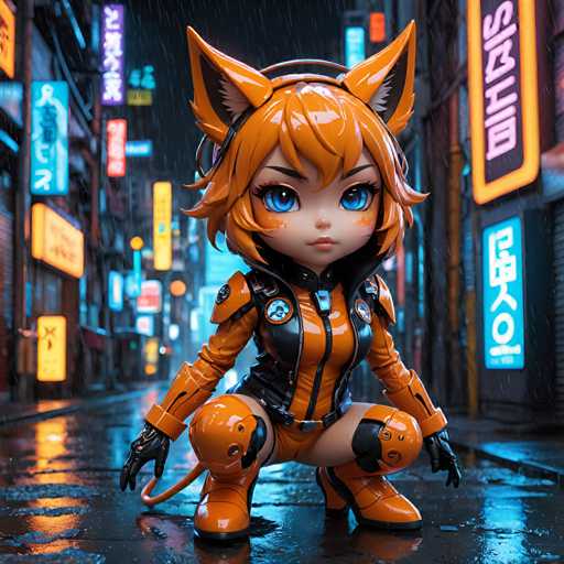 A 3D rendering of an orange cat with blue eyes and a black nose is crouched down on the street, wearing a black and orange outfit that includes boots and gloves. The cat's head is tilted to the side as it gazes directly at the camera.