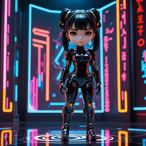 The image shows a 3D rendering of a female character dressed in a futuristic black suit and helmet with red eyes. The character is standing on a circular platform that has a gradient background transitioning from pink to purple at the bottom. The character's face is turned towards the camera, giving an impression of being ready for action or adventure.