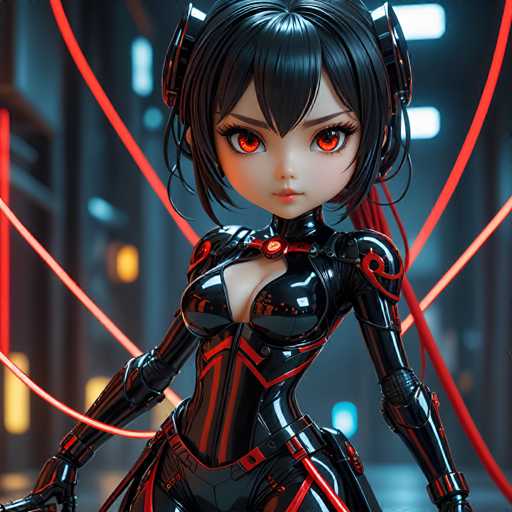 A 3D rendering of a female character with black hair and red accents dressed in a black bodysuit with red accents. The character is standing against a dark background that includes red ropes and wires.