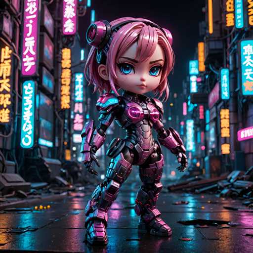 The image depicts a 3D rendering of a female character with pink hair and armor, standing on a city street at night. The character is facing the camera directly, giving an impression of being in control or ready for action. The background features neon signs and buildings that contribute to the urban atmosphere of the scene.