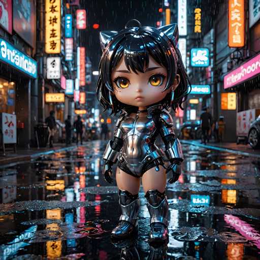 The image depicts a small figurine of a person standing on a wet street at night. The figurine is wearing a metallic outfit and has large eyes that give it an intense gaze. The background features neon signs and buildings with various colors, creating a vibrant cityscape atmosphere.