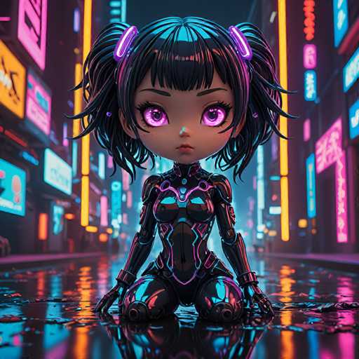 A 3D rendering of a young girl with purple hair and black clothing is kneeling on the ground in front of a neon-lit cityscape at night. The girl's eyes are wide open as she gazes directly into the camera.