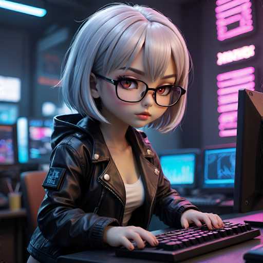 A woman with short blonde hair and glasses is sitting at a desk typing on a keyboard while wearing a black leather jacket and white shirt.