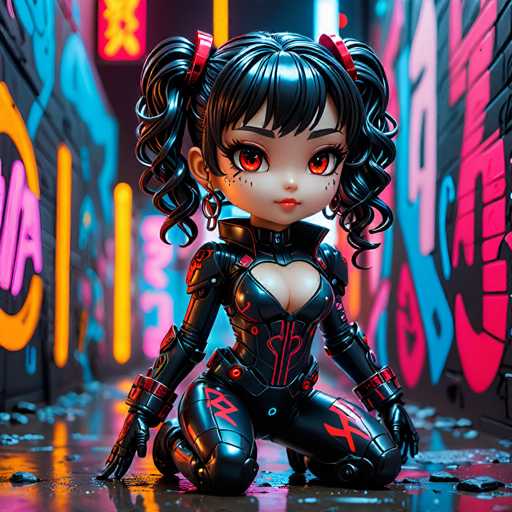 The image depicts a character with black hair and red eyes, dressed in a futuristic outfit consisting of a black bodysuit with red accents and red boots. The character is kneeling on the ground, facing the camera directly. The background features a graffiti-covered wall with neon lights and pink and blue colors.