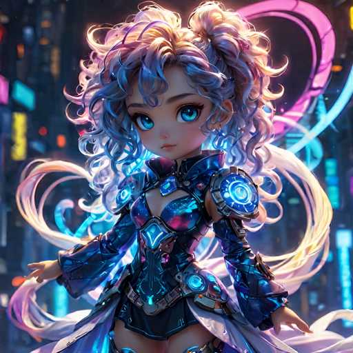 The image shows a digital illustration of a young girl with curly hair and blue eyes wearing a blue dress adorned with silver stars on her shoulders. The background is a cityscape filled with neon lights, creating an urban atmosphere around the girl.