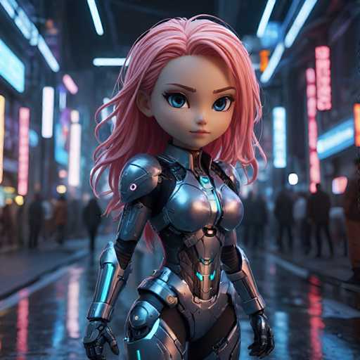 The image depicts a 3D rendering of a young girl with pink hair and blue eyes standing on the sidewalk in front of a busy city street at night. The girl is wearing a futuristic silver suit that includes a helmet and gloves, giving her an air of futuristic elegance. In the background, there are neon signs and buildings lining the street, creating a vibrant urban atmosphere.