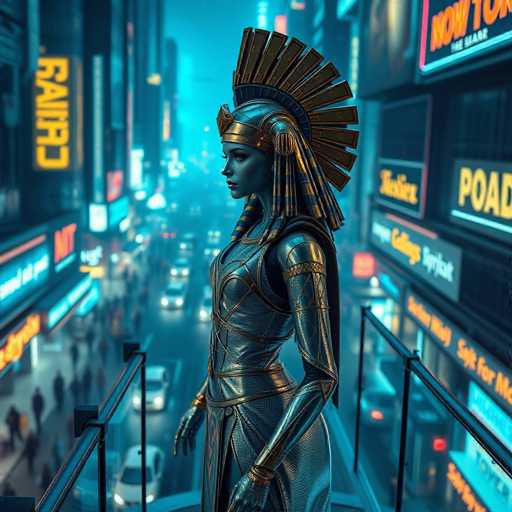 The image depicts a woman standing on a balcony overlooking a busy city street below. She is wearing a metallic costume that includes a crown and a headdress with feathers. The background shows the bustling activity of the city at night, with numerous buildings illuminated by bright lights and neon signs.